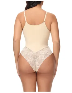 Back view of a beige lace trim bodysuit shapewear featuring thin adjustable straps