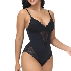 Women Deep V Lace Bodysuit Shapewear Tummy Control Waist Cincher Butt Lifting High Elasticity One Piece Top And Bottom Everyday Invisible Waist Trainer