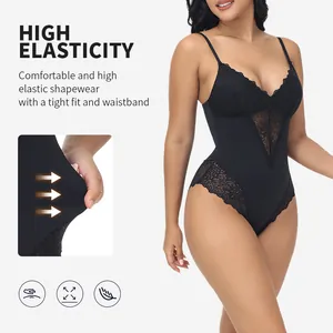 Elegant lace deep V-neck bodysuit shapewear with high elasticity for tummy control
