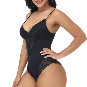Elegant black lace bodysuit shapewear with deep V-neck and waist slimming design for women