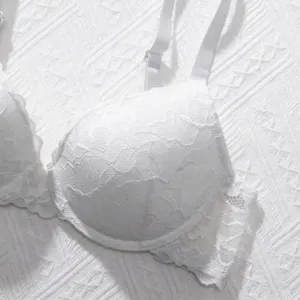 Detail shot showing intricate white lace texture of a breathable push-up bra for women.