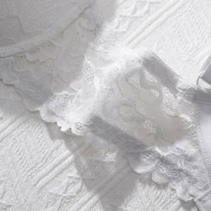 Detailed macro shot showcasing the intricate white floral lace texture of a push-up bra