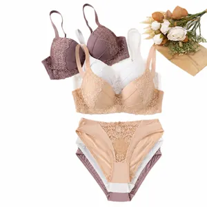 Elegantes Set aus Spitzen BH und Slip für Damen in Malve Weiß und Beige Tönen