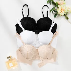 Set aus sexy Spitzen-BHs in Schwarz, Weiß und Beige mit Vorderverschluss zum Anheben der Brust