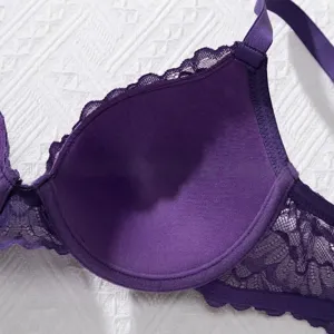 Close-up detail of a purple lace push-up bra showing breathable inner padding.