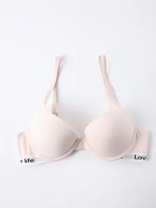 Seamless push-up underwire bra featuring a contrast letter print elastic band in pink
