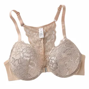 Seamless nude lace front-clasp push-up bra with an elegant floral racerback design
