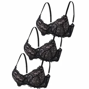 Set aus drei sexy schwarzen Spitzen-Push-up-BHs mit eleganten floralen Stickmustern