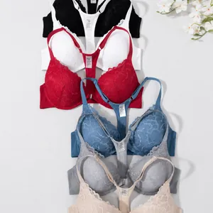 Women French Sexy Lace Bra Underwire Front Closure Racerback Push Up Breathable Lingerie Nylon Spandex Floral Bra Top