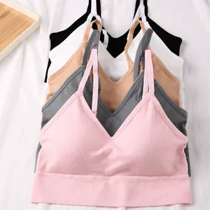 Women's Seamless Ribbed Sports Bra U-Back Thin Strap Camisole Wireless Yoga Bralette Solid Color Polyamide Spandex Top
