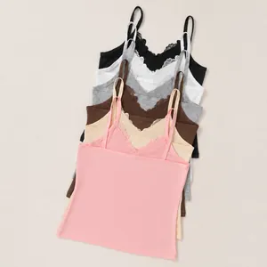 Women Sexy Lace Patchwork V-Neck Cami Top Slim Fit Polyester Sleeveless Vest Solid Color Summer Daily Fashion Top