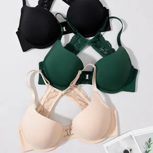 Damen Sexy Vorderverschluss Push-Up BH Glatte Oberfläche Blumen Spitze Schöner Rücken Lingerie Verstellbare Träger Bügel BH