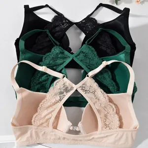 Push-up-BHs mit Vorderverschluss und eleganten Spitzen-Racerback-Trägern in drei Farben