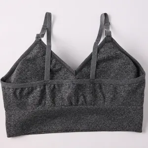Heather grey seamless yoga sports bra with thin adjustable straps and chest pads