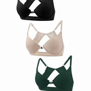 Push-up-BH mit Frontverschluss und Spitzen-Rückenriemen in Schwarz, Beige und Grün