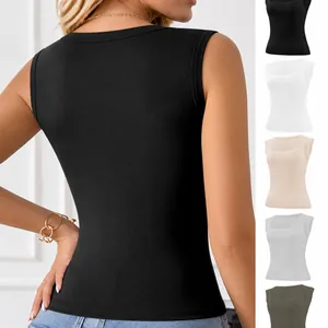 Women's Square Neck Ribbed Tank Top Cotton Wide Shoulder Vest Casual Slim Fit Sleeveless Knitted Top Inner Outer Wear