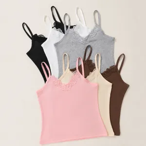 Collection of multi-color women's slim fit V-neck camisoles with delicate lace trim.