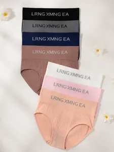 Close-up of 7-pack women's ribbed high-waist briefs with elastic waistband