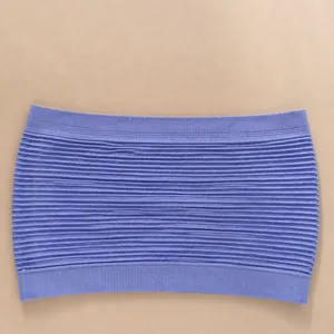 Macro detail of a purple ribbed seamless strapless bandeau top showing the fabric texture