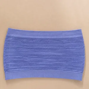 Macro detail of a purple ribbed seamless strapless bandeau top showing the fabric texture