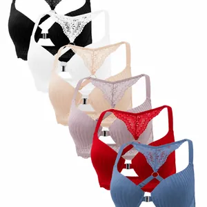 Sexy ribbed push-up bras featuring front-closure and delicate lace racerback, multi-color set
