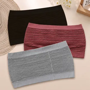 Set of three seamless ribbed tube top bandeau bras in black, burgundy and grey colors
