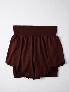 Brown fake two-piece yoga skirt shorts with high ribbed waist and ruffle hem details