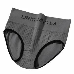 Grey high-waisted women's sports briefs with elastic ribbed waistband and letter print