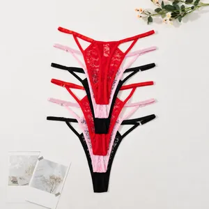Selection of sexy lace hollow out T-back thongs for women in red, pink, and black colors