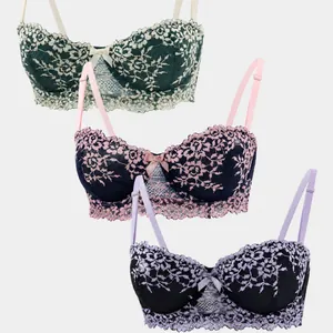 Set of three elegant sexy lace bras with floral embroidery and adjustable straps