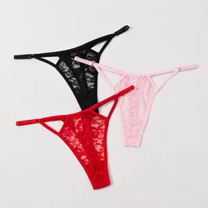 Women's Sexy Lace Thong G-String Panties Hollow Out Strappy Nylon Breathable Cotton Crotch Adjustable Low Waist Underwear