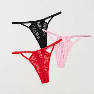 Sexy lace thong set with hollow-out design and thin straps for women, 3 colors pack