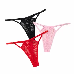 Three sexy lace thongs in red, black, and pink colors with adjustable thin straps