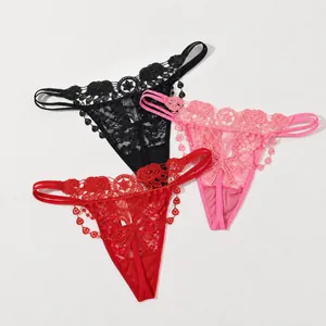 Strings Sexy en Dentelle Brodée pour Femmes Taille Basse T-Back Nœud Papillon Lingerie de Luxe Strings Culottes pour Femmes