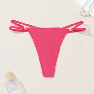 Sexy pink ribbed thong with double side straps and gold-tone rings low waist bikini bottom