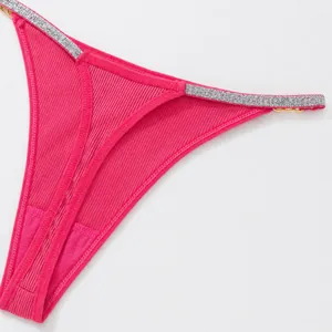 Sexy pink ribbed thong with silver glitter thin straps and gold metal chain detail