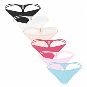 Collection of six colorful low-waist ribbed thongs featuring skinny straps and gold rings