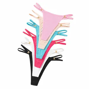 Set of sexy ribbed thongs in assorted solid colors with gold metal buckles