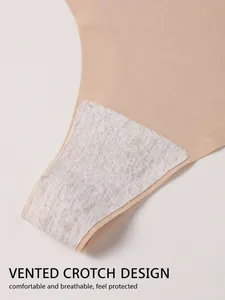 Close-up detail of breathable vented crotch design on beige seamless ice silk thong