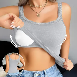 Women's Sexy Lace Camisole With Fixed Chest Pad Slim Fit Breathable Ribbed Knit Tank Top Versatile Casual Top For Women