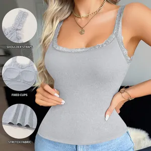 Detail view of grey slim fit camisole featuring lace trim and fixed padded cups.