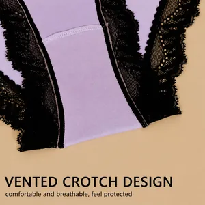Close-up detail of French lace low-waist panties with comfortable vented crotch design