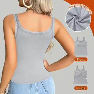 Detail view of grey lace camisole showing breathable fabric texture and built-in pads.