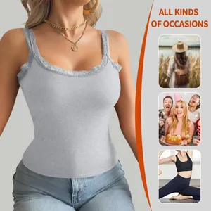 Grey ribbed tank top with lace trim shown in various lifestyle scenarios