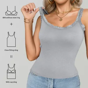 Detail view of women's grey lace tank top highlighting the integrated bra pad design
