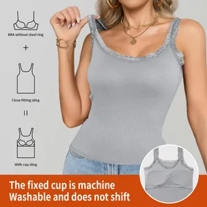 Detail view of a grey lace-trimmed camisole featuring fixed built-in bra cups for women.