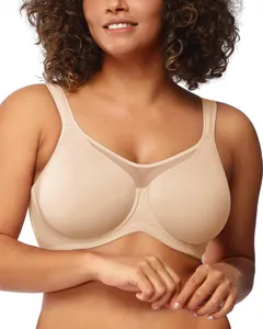Detailed view of a beige full coverage underwire bra featuring breathable mesh inserts
