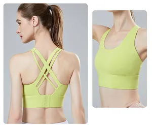 Detailed view of lime green high-elastic cross-back sports bra for yoga and gym.