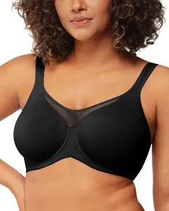 Close-up shot of a black underwired unlined plus size bra with a mesh neckline detail
