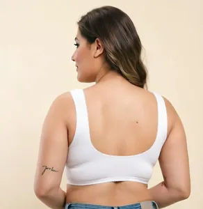 Rear view of a white plus-size wire-free vest bra with delicate lace trim.